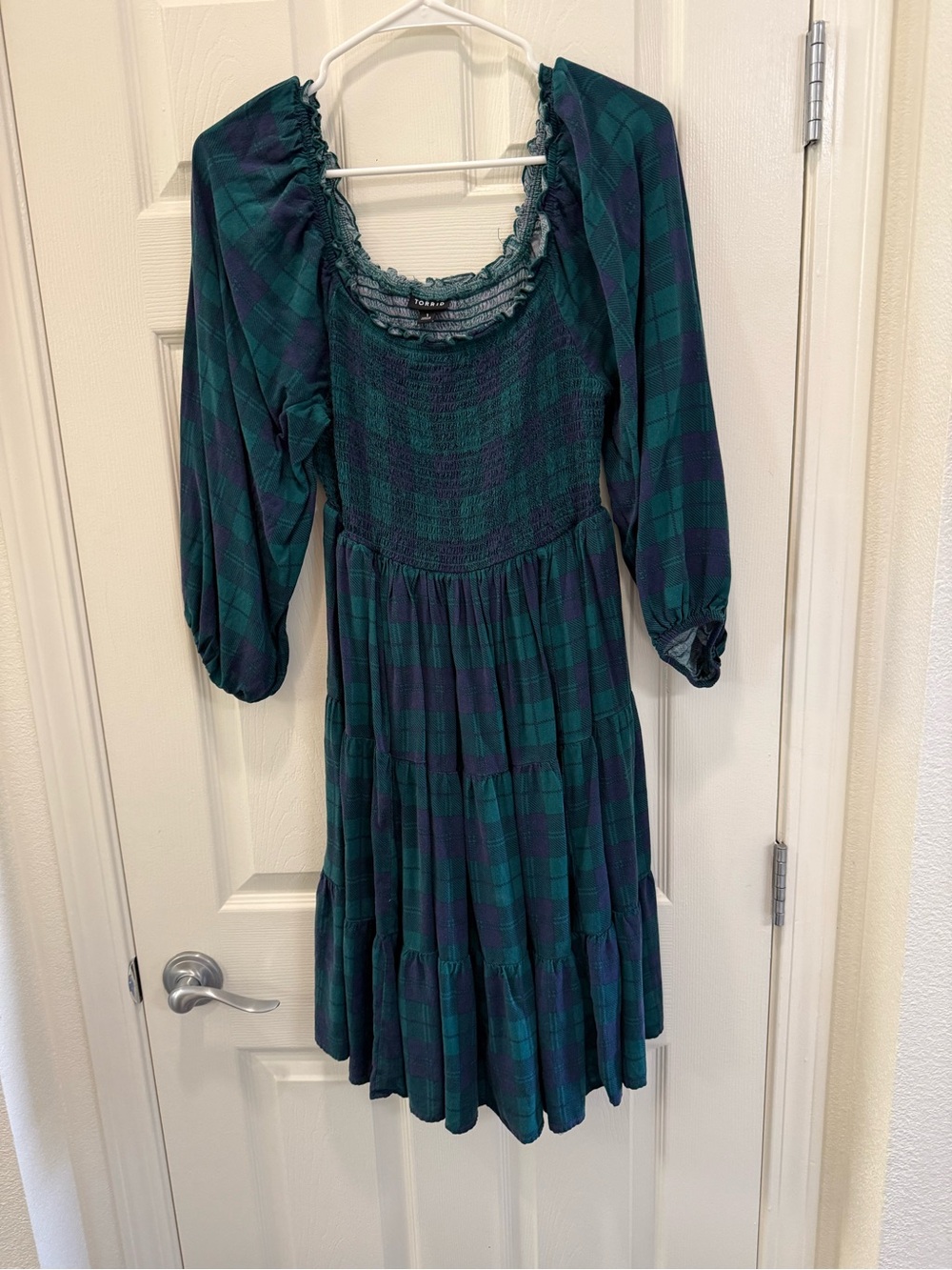 torrid Green and Navy Plaid Smocked Midi Dress